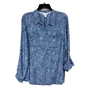 intro. Women's Blue Floral Shirt Sz XL Snap Closure Long Roll Tab Sleeves